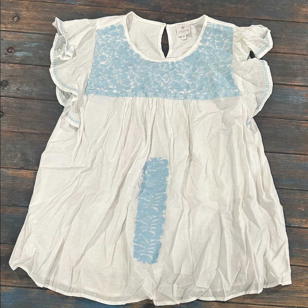 J. Marie women’s size medium short sleeve white top with light blue embroidery